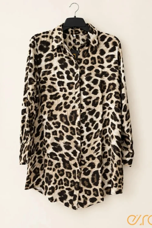 Leopard Printed Long Sleeve Button Down Shirt Dress
