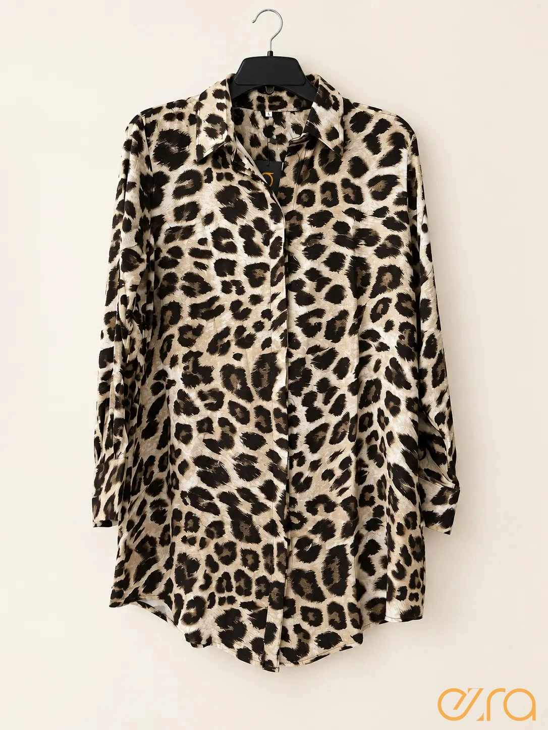 Leopard Printed Long Sleeve Button Down Shirt Dress