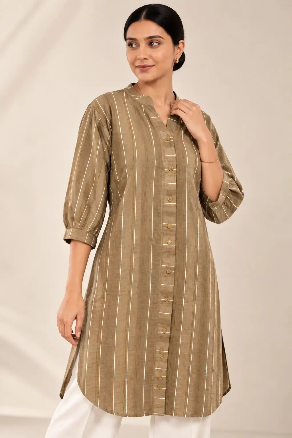 Women’s Camel Brown Striped Long Tunic Shirt - Image 2