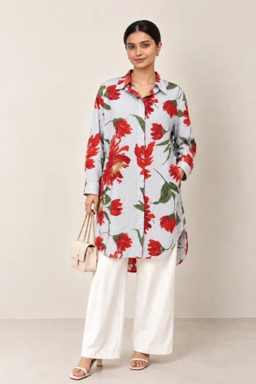 Red Floral Stripe Longline Shirt Dress for Women