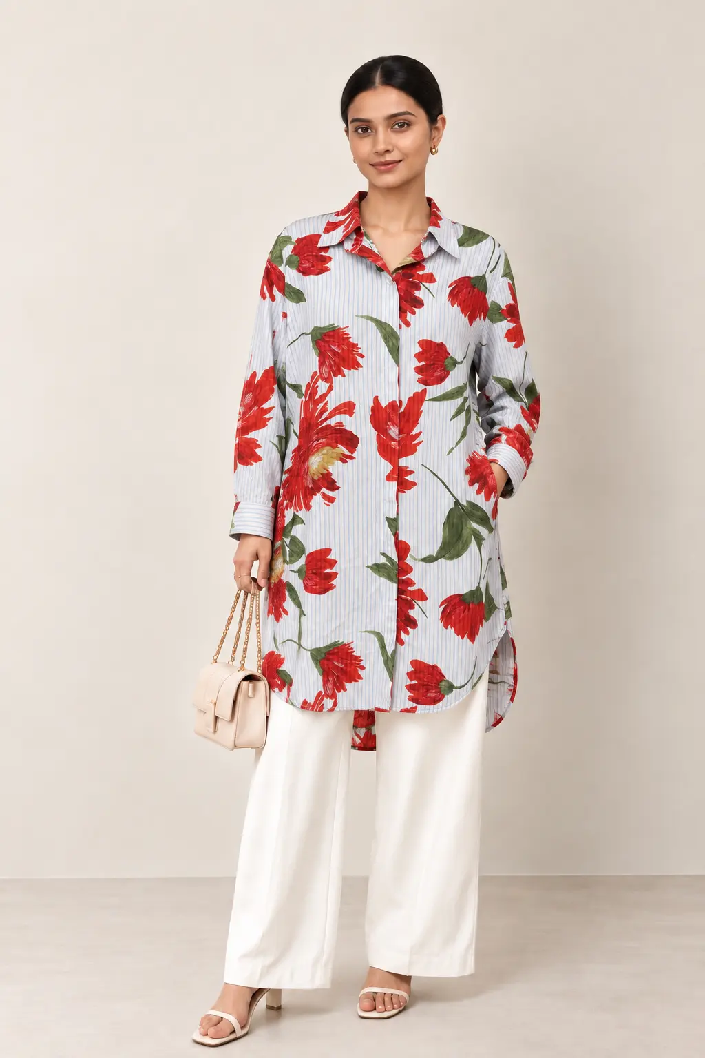 Red Floral Stripe Longline Shirt Dress for Women