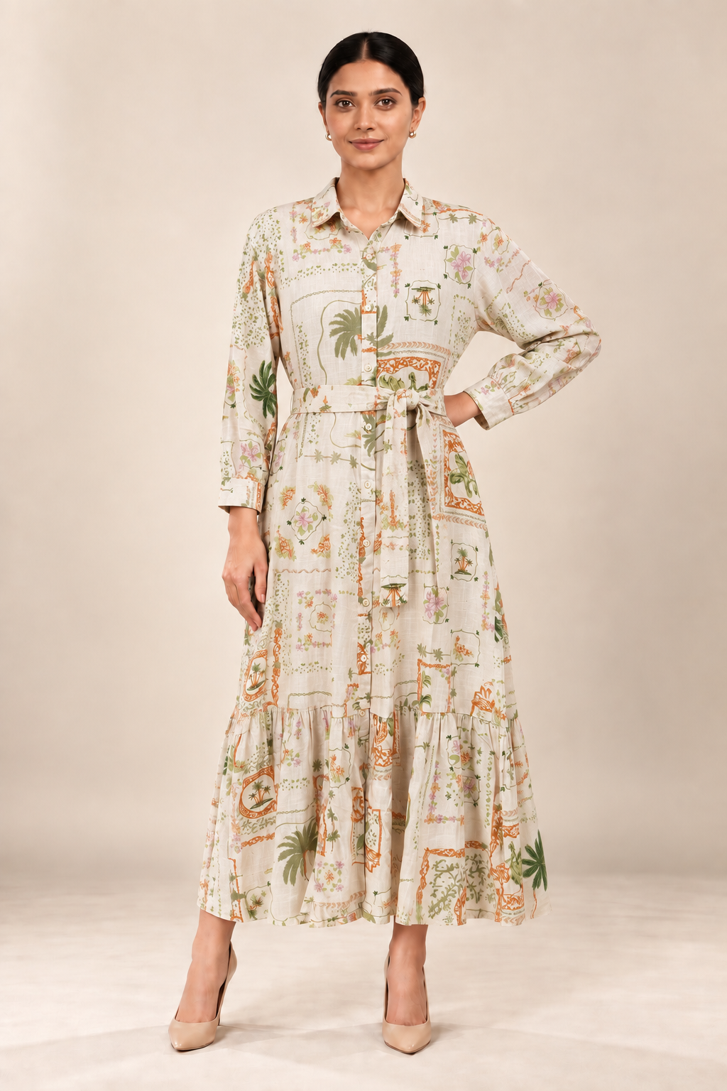 Women's Printed Linen Midi Shirt Dress with Belt & Ruffle Hem | Resort & Casual Wear - Image 2