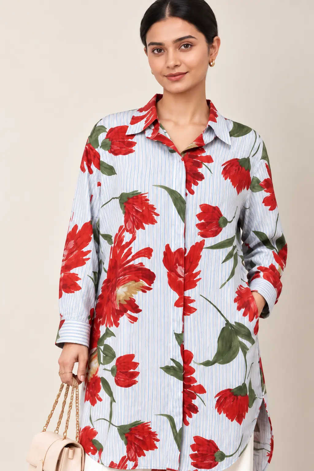 Red Floral Stripe Longline Shirt Dress for Women - Image 2