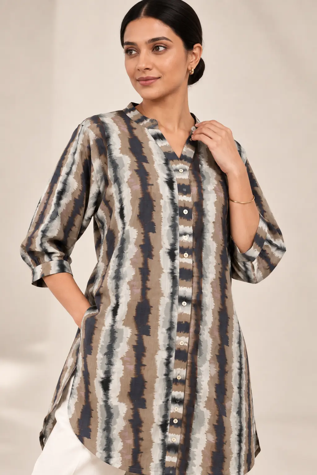 Women’s Earthy Stripe Knee-Length Button-Front Tunic - Image 2