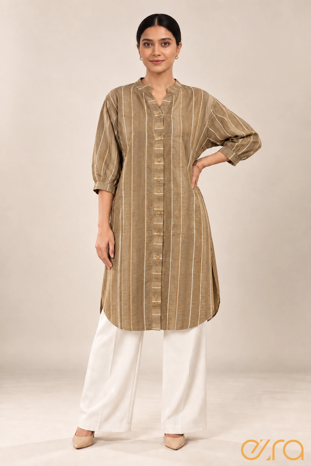 Women’s Camel Brown Striped Long Tunic Shirt