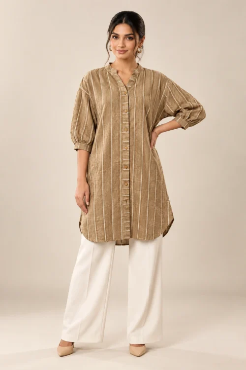 Women’s Camel Brown Striped Long Tunic Shirt