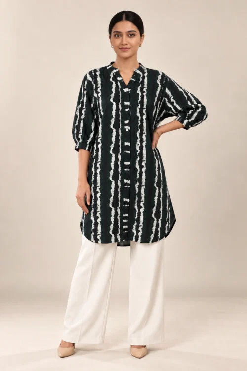 Dark Green & White Tie-Dye Stripe Long Tunic Shirt