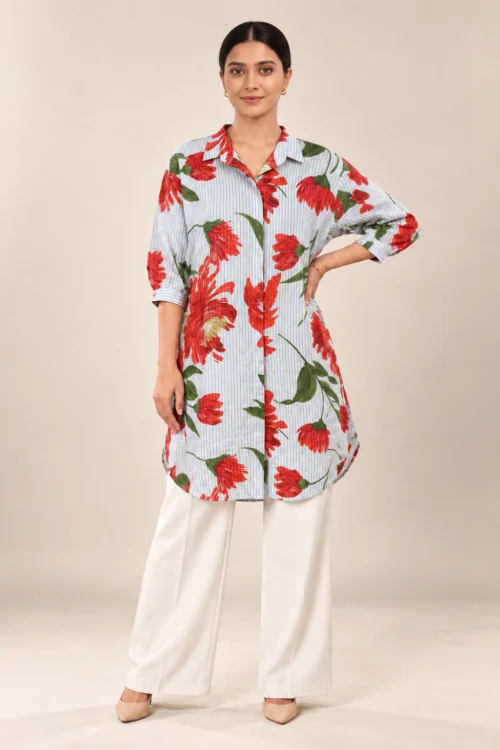 Red Floral Stripe Longline Shirt Dress for Women