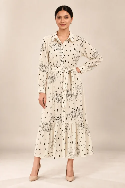 Women’s Cream & Black Tiger Print Midi Shirt Dress with Belt & Ruffle Hem