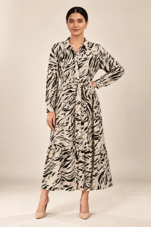 Women’s Black & Cream Animal Print Midi Shirt Dress with Belt & Ruffle Hem