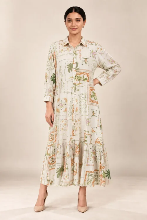 Women’s Printed Linen Midi Shirt Dress with Belt & Ruffle Hem | Resort & Casual Wear