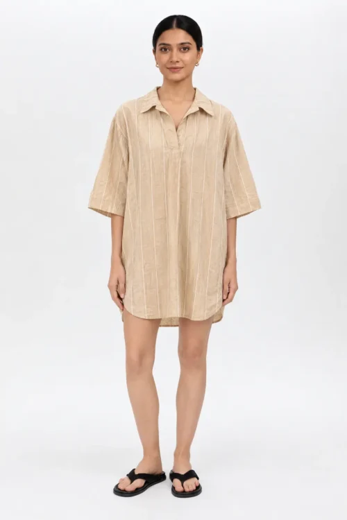 Beige Striped Short Sleeve Shirt
