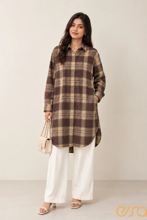 Brown Plaid Longline Shirt Tunics