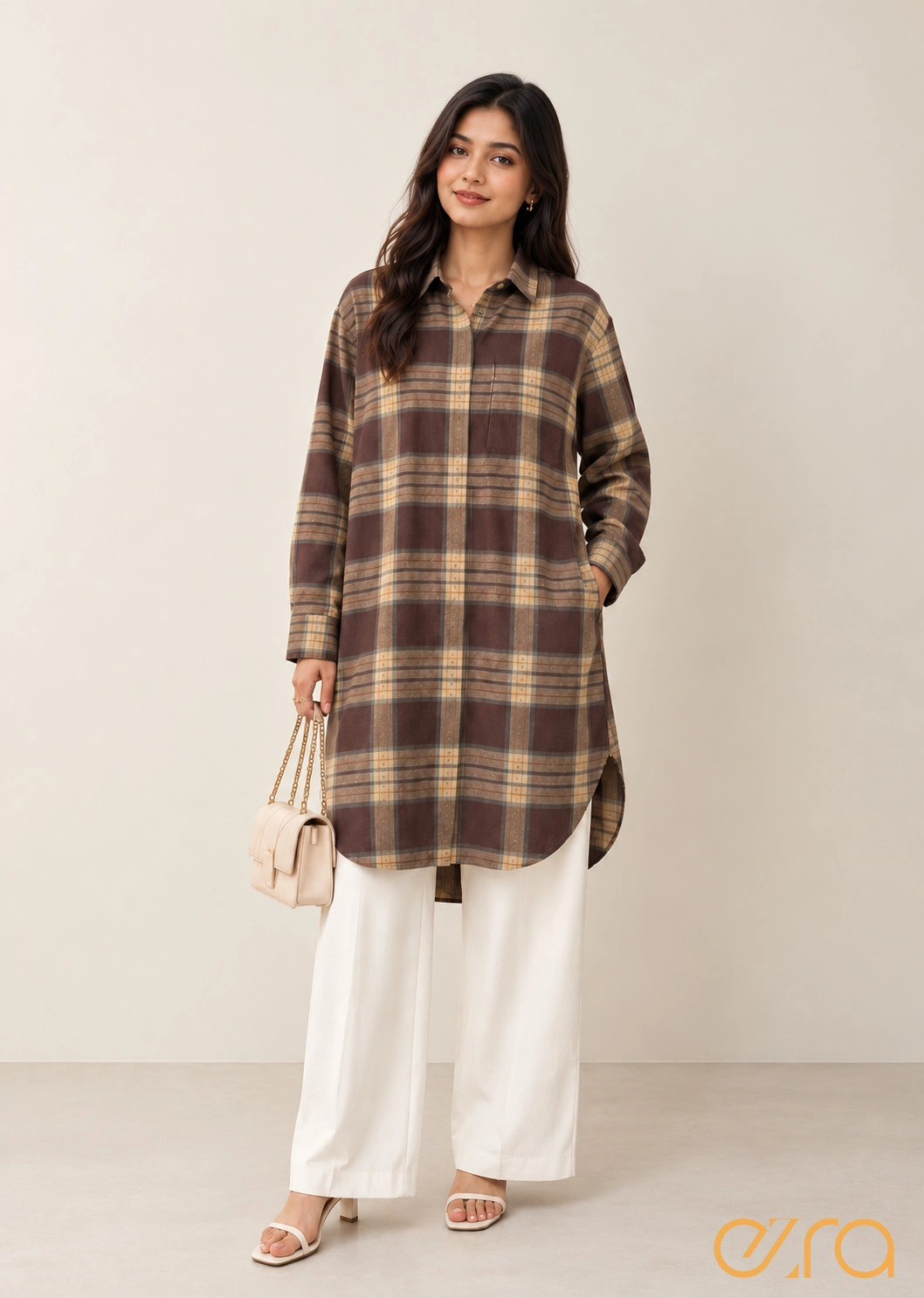 Brown Plaid Longline Shirt Tunics